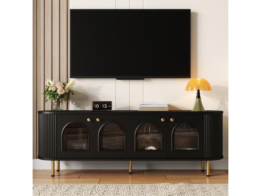 TV stand with 4 doors - 170x35x55 cm - LEDs - MDF and gold metal legs - Black LNZI69649