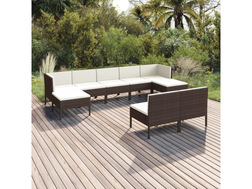 9-piece garden furniture set with cushions, brown woven resin KQHS17184