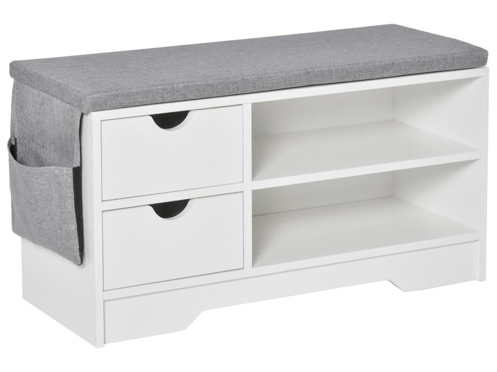 Shoe cabinet and shoe bench with grey cushion, 2 shelves and 2 drawers, MDF, 80.5x30.5x43.5 cm, grey and white