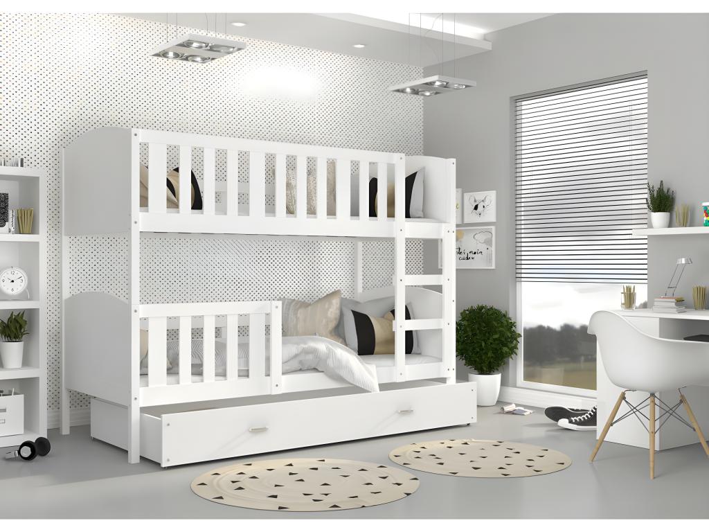 Meubiana Bunk Bed 80x160 White - white. Comes with slatted bed bases, drawers, and 7cm foam mattresses.