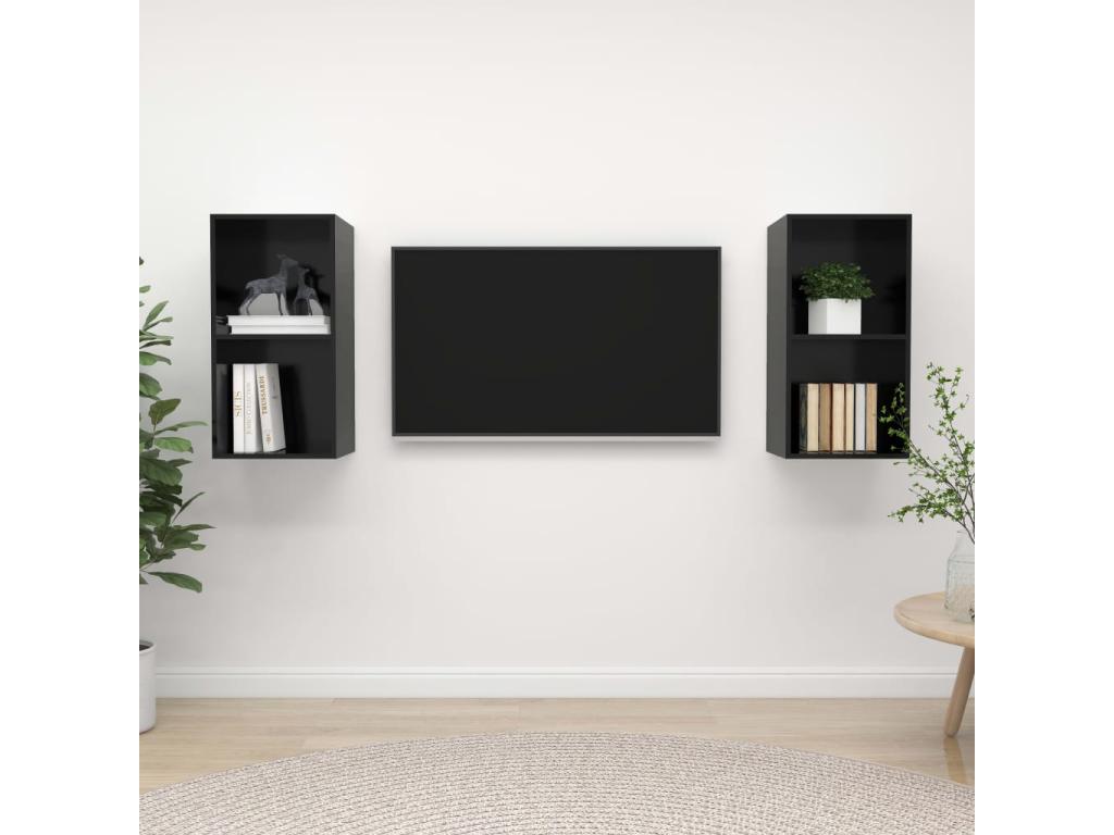 Wall-mounted TV units, 2 pcs, glossy black, engineered wood, IFOV93045