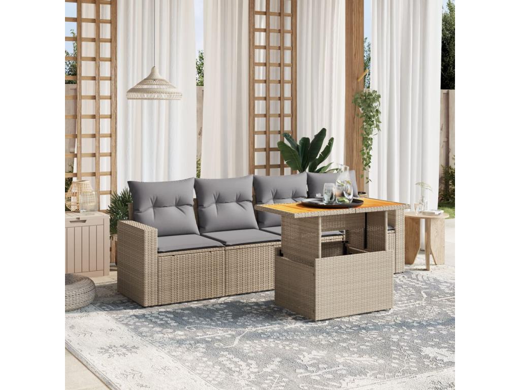 5-piece garden furniture set with cushions, beige woven resin