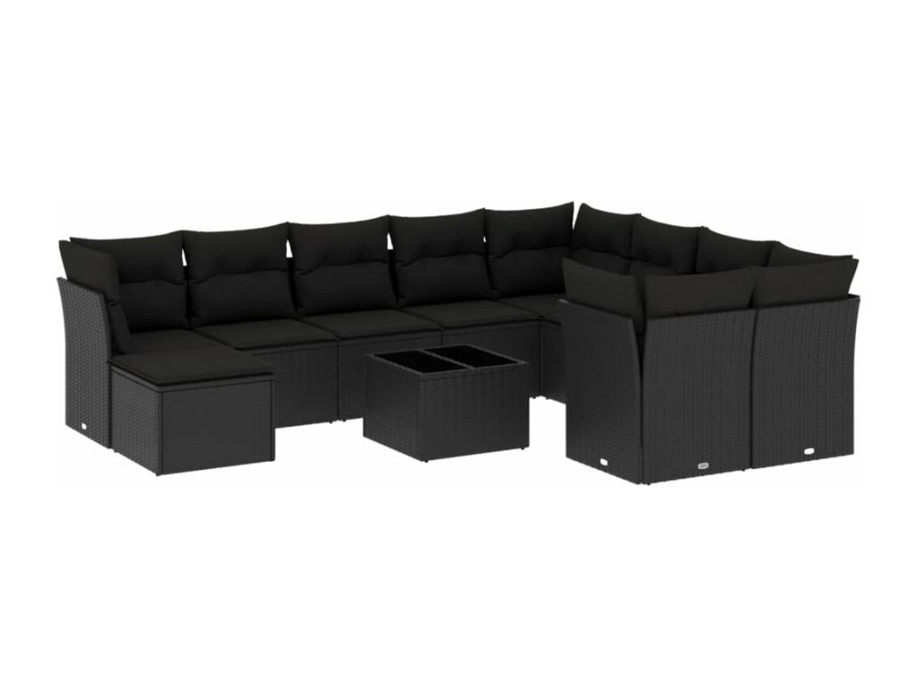 11-piece garden furniture set with cushions, black woven resin DDSA50940
