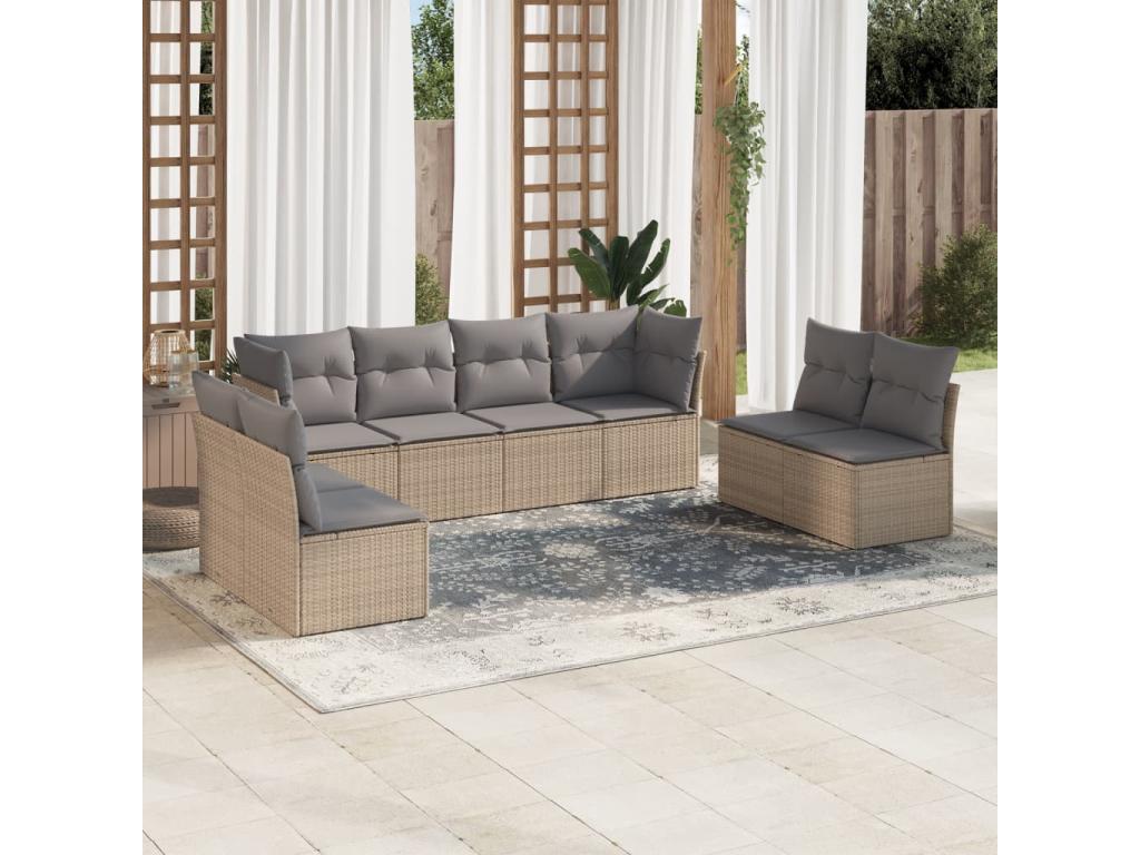 8-piece garden furniture set with cushions, beige woven resin