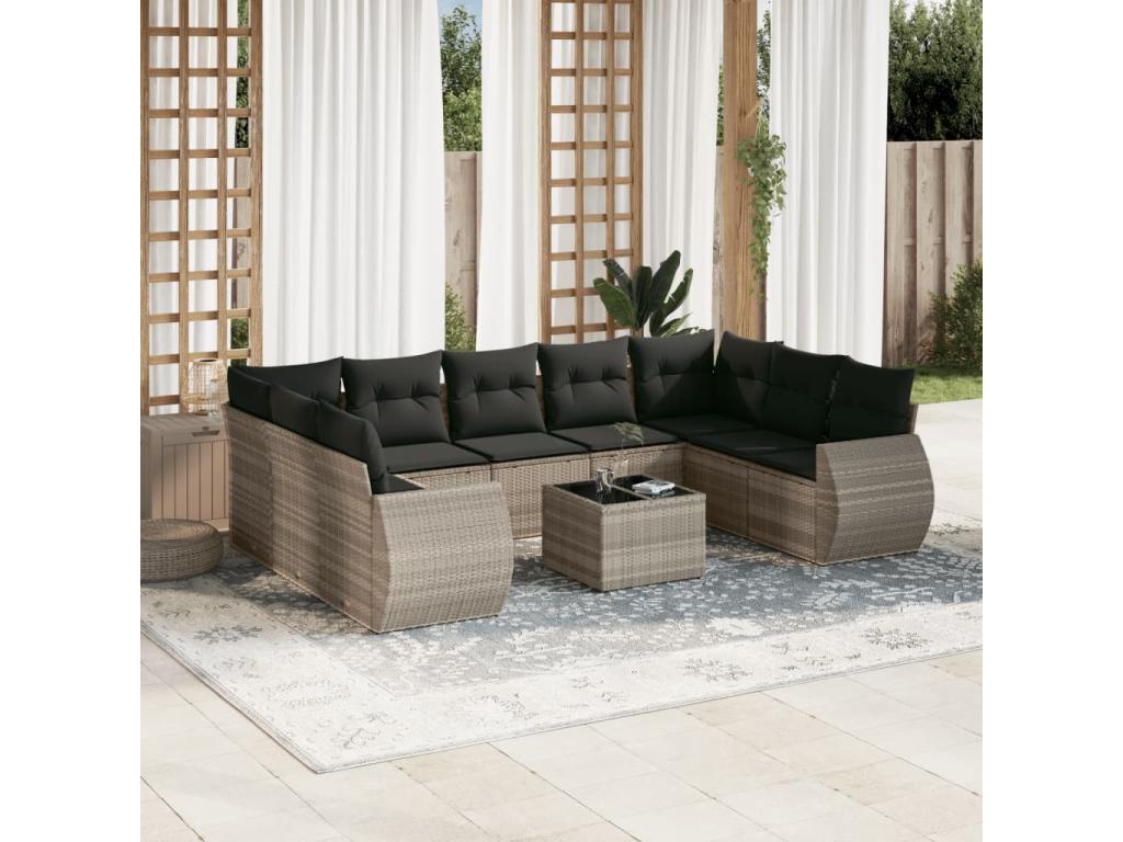 Garden furniture set with cushions, 10 pieces, light grey woven resin LSFS70102