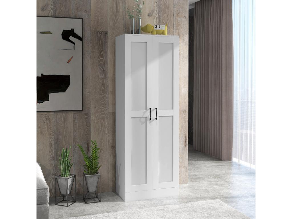 2-door wardrobe with 4 shelves, dimensions: 60L x 36.5W x 175H cm, black metal handles, white panels