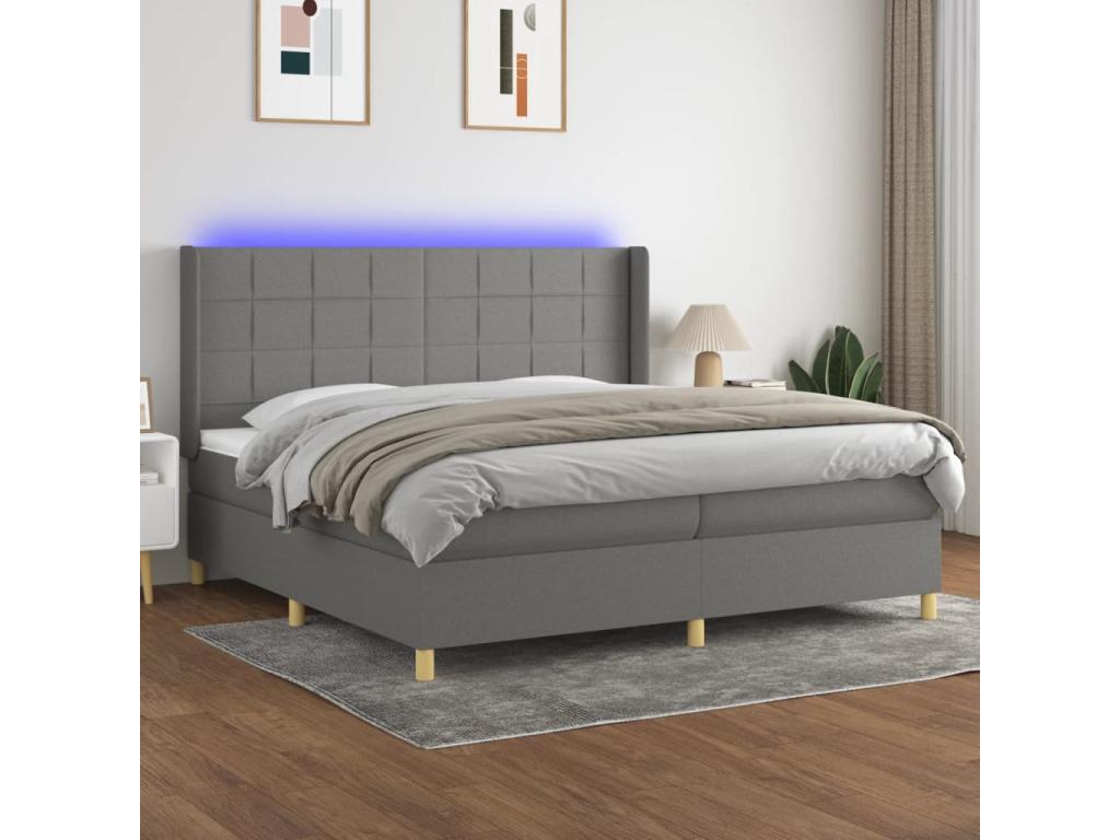 Upholstered bed base and mattress with LED lighting, Dark Grey, 200x200 cm, Fabric ZXKE76246