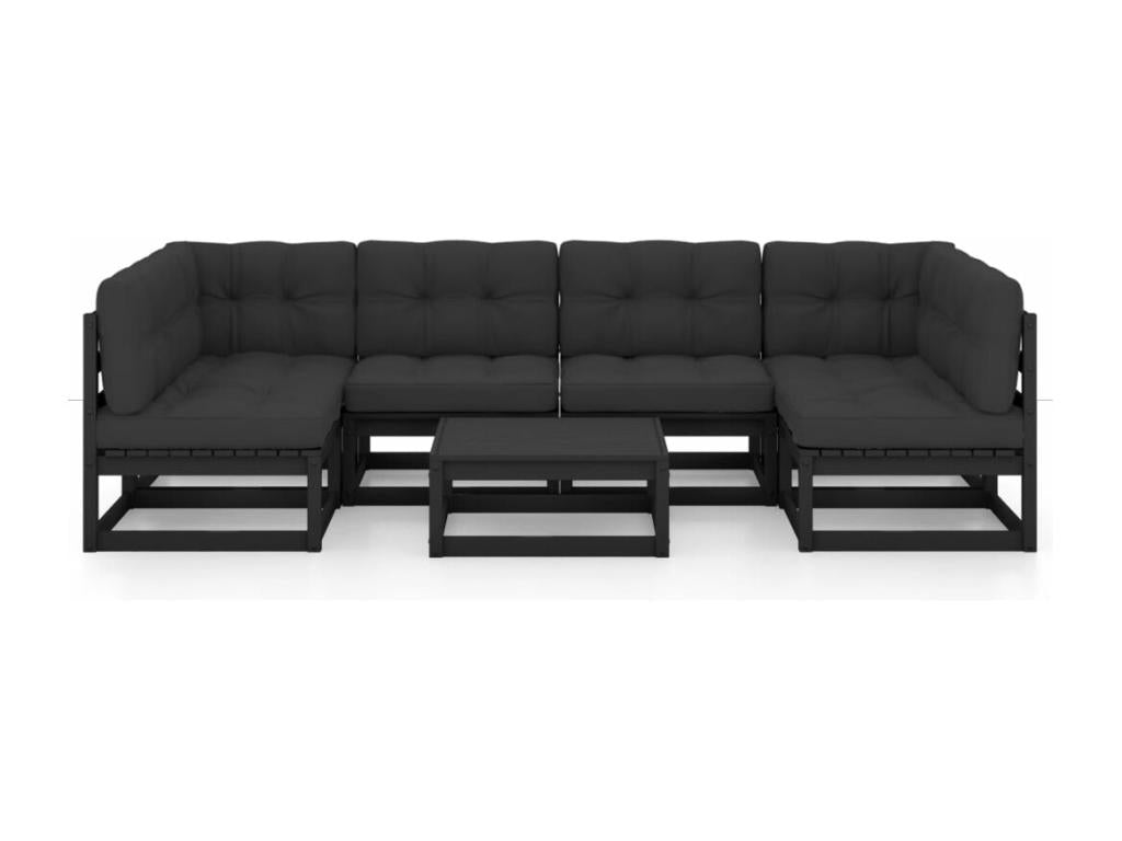 7-piece garden furniture set with cushions, black, solid pine wood, WBFC76047