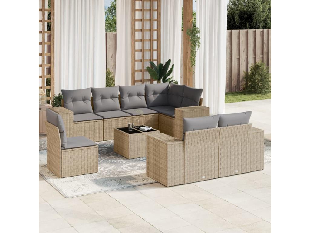 9-piece garden furniture set with cushions, beige woven resin, ETUE00502