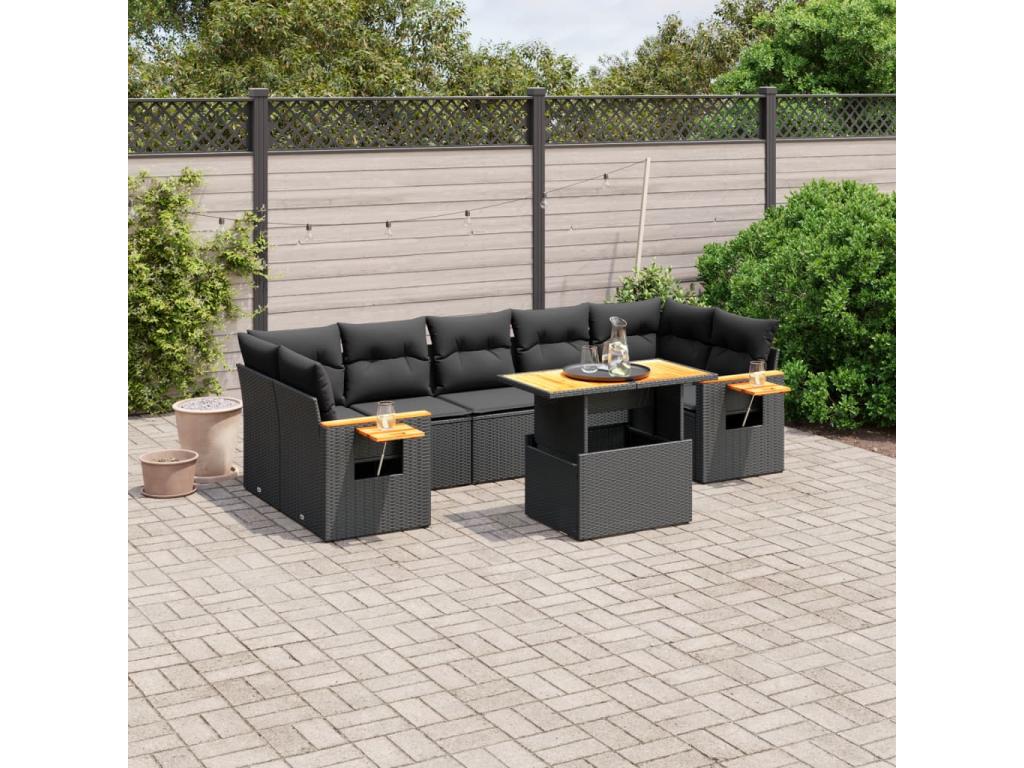 8-piece garden furniture set with cushions, black woven resin