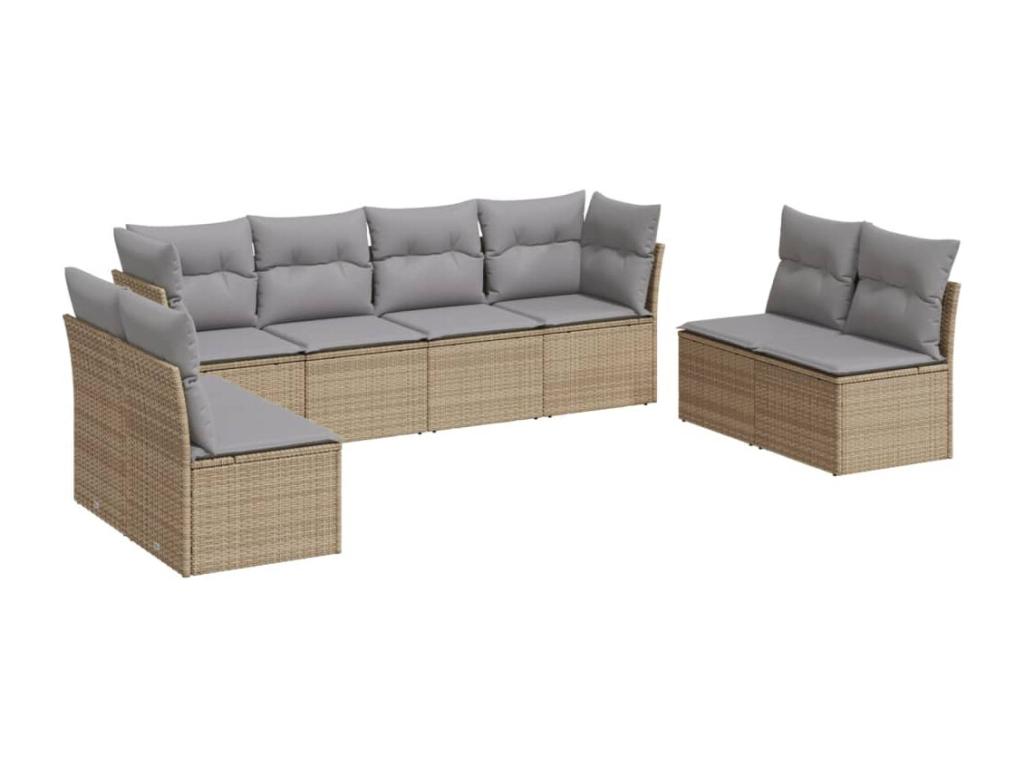 8-piece garden furniture set with cushions, beige woven resin
