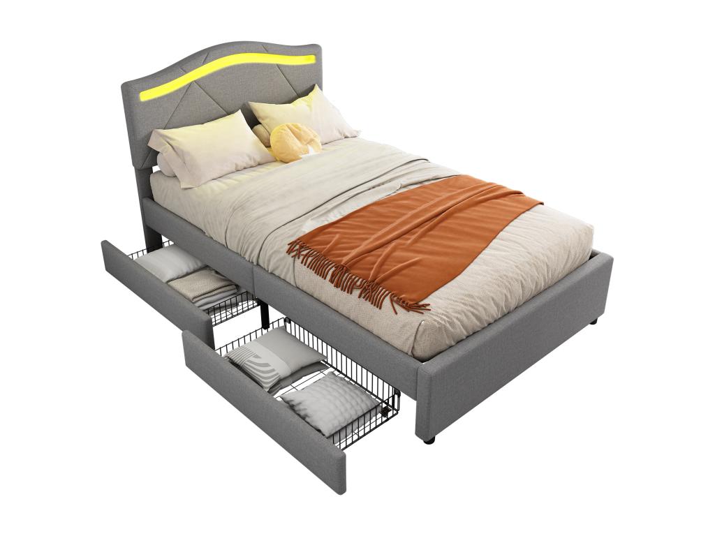 Adult bed 90x200cm in linen fabric - with LED and 2 drawers - Grey