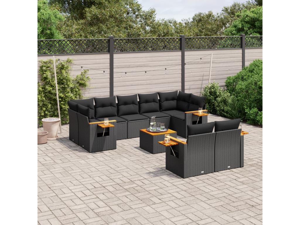10-piece garden furniture set with cushions, black woven resin KRTP06704