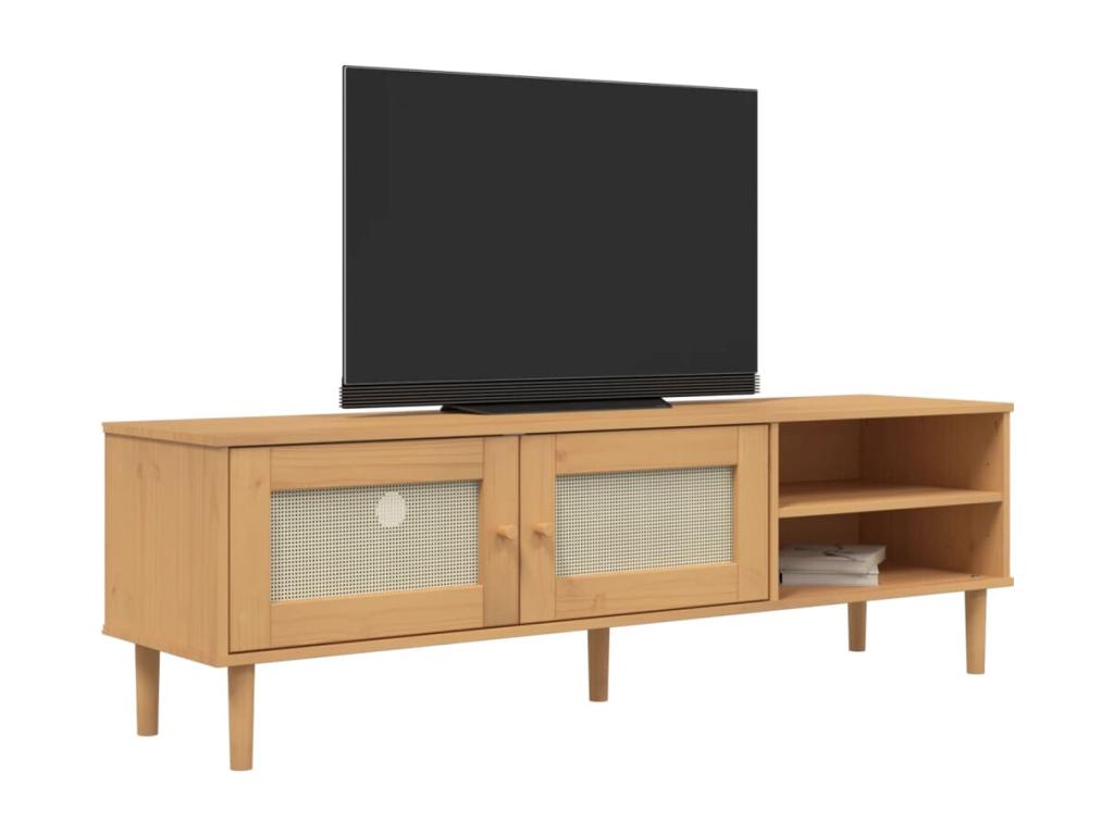 Meubiana TV stand, brown rattan look, 158x40x49cm, solid pine wood