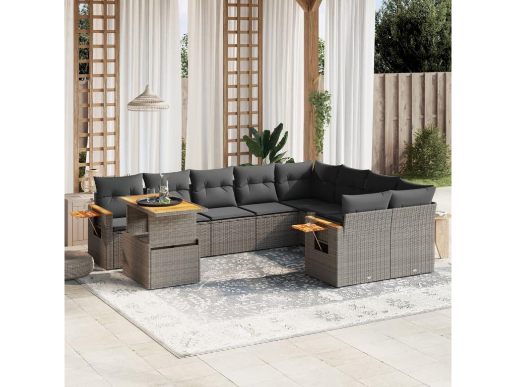 Garden furniture set with 10 cushions, grey woven resin