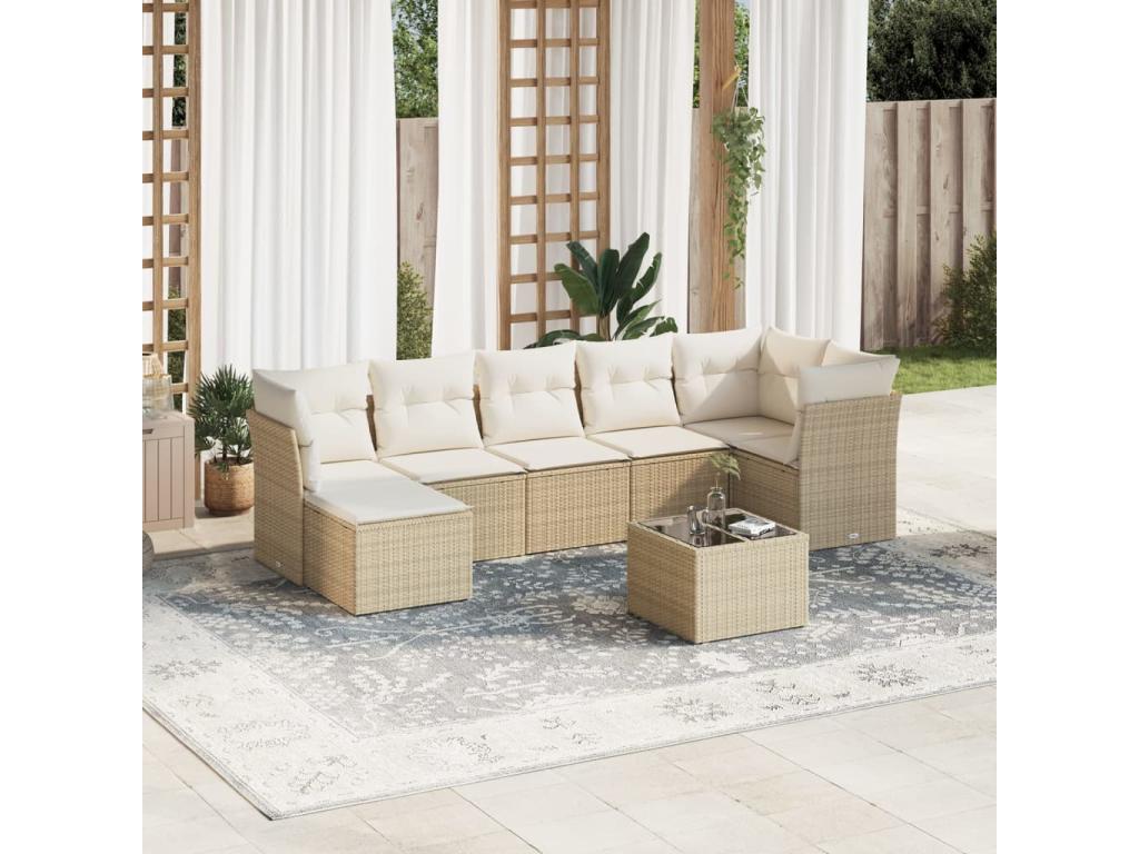 8-piece garden furniture set with cushions, beige woven resin WWTW95580