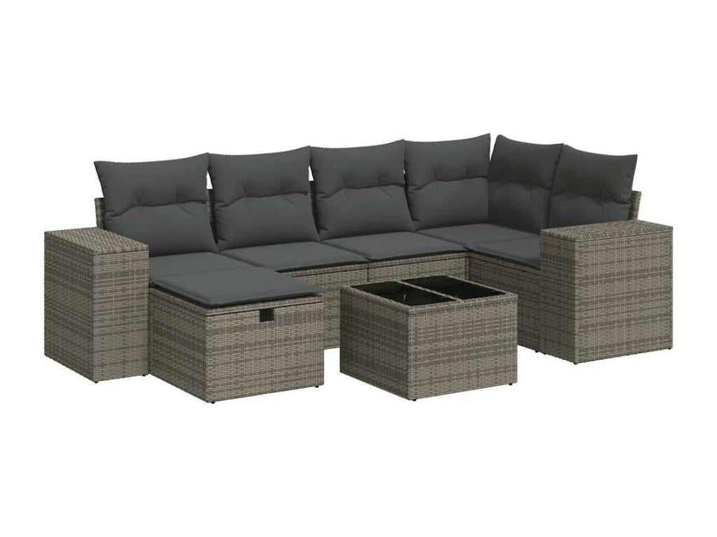 7-piece garden furniture set with cushions, grey woven resin JFBC16679