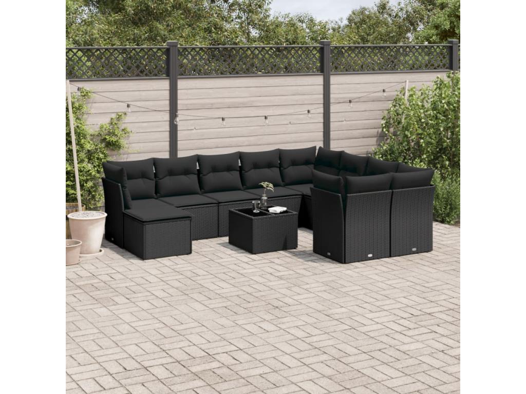 11-piece garden furniture set with cushions, black woven resin DDSA50940