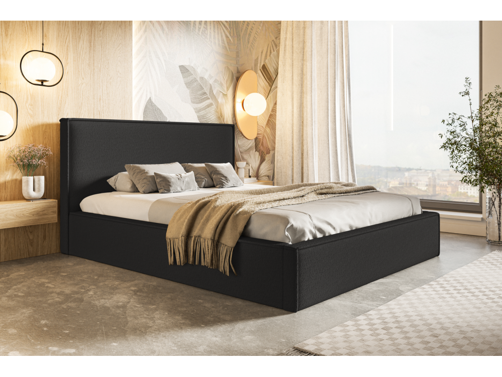 Meubiana 140x200 Storage Bed - Adult Bed with Slatted Base - Bed with Black Bouclé Fabric Anthology 19