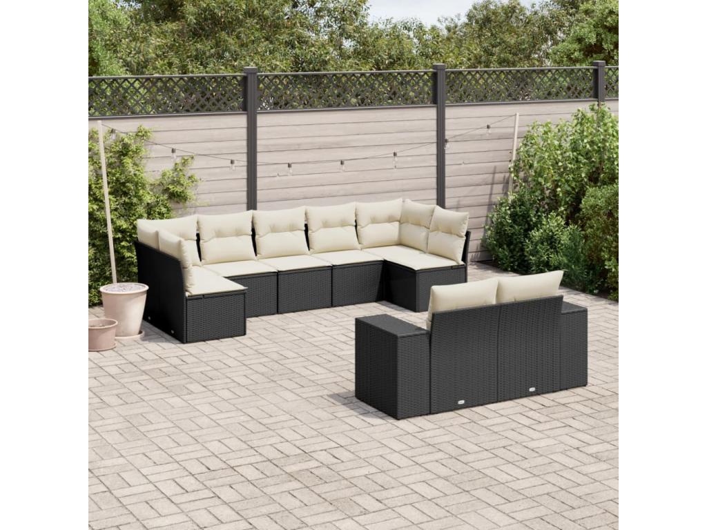 9-piece garden furniture set with cushions, black woven resin CSXK31095