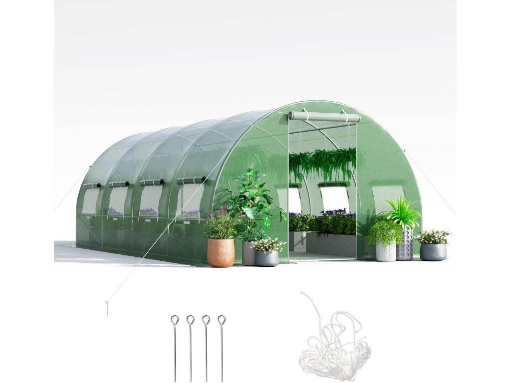 600x300x200 CM Tunnel Greenhouse, Sturdy Galvanized Steel Frame, Windproof Tunnel Greenhouse with Hoop, 8 Roll-Up Windows, 2 Zipped Doors