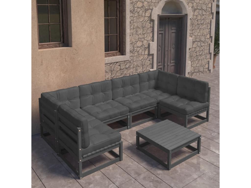 7-piece garden furniture set with cushions, black, solid pine wood, WBFC76047