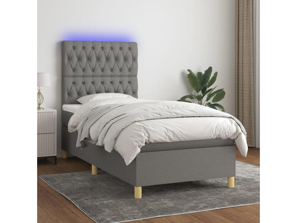 Upholstered bed base with mattress and LED lighting, dark grey, 80x200cm, fabric