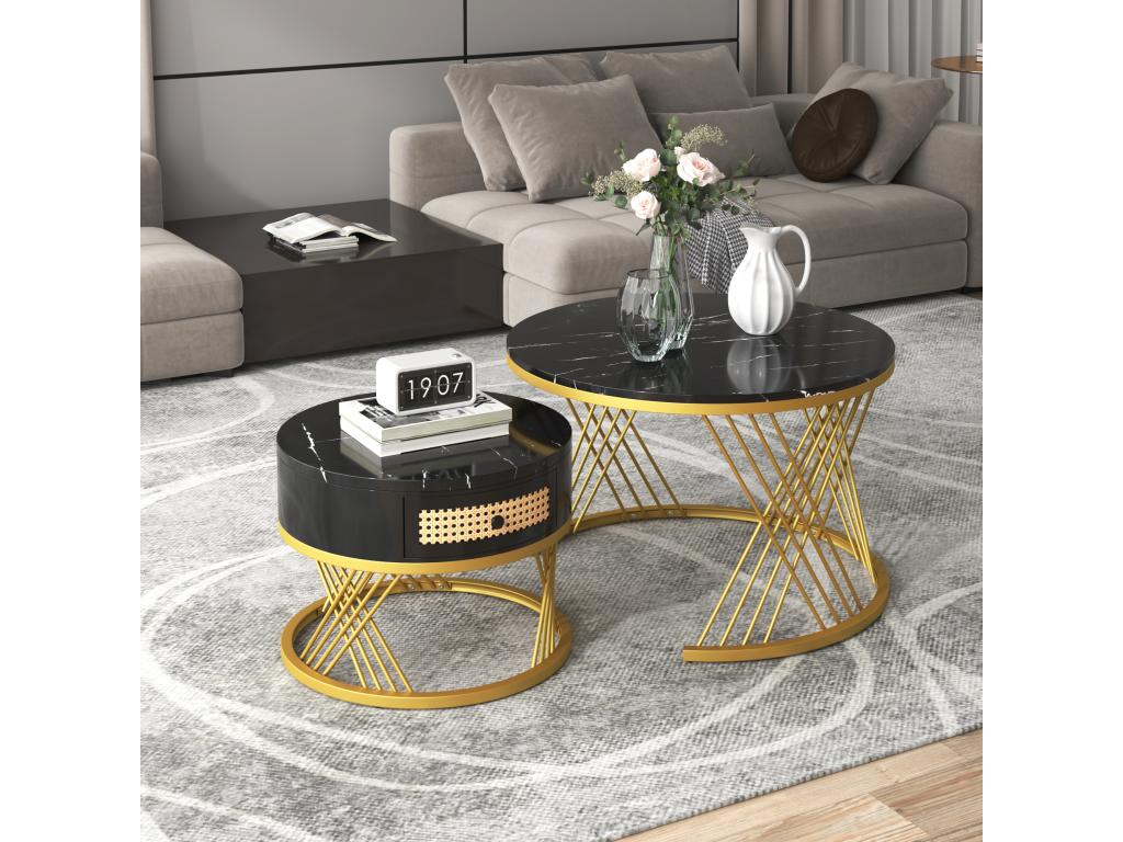 Set of 2 nesting coffee tables with drawer - MDF wood and metal - marble pattern top - black OEPR62730