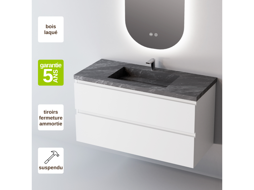 Bathroom vanity unit with countertop basin, black porcelain stoneware, 2 drawers, W60 x H54 x D45 cm, matte white lacquer, STEP