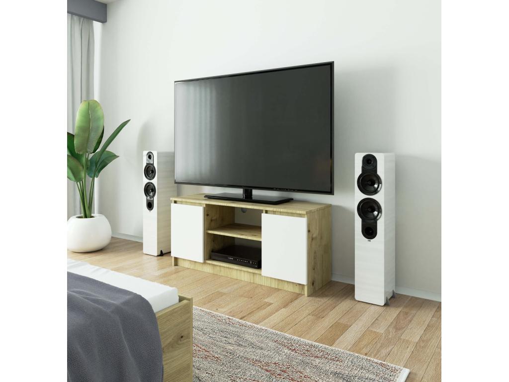Meubiana Oak TV stand for living room, 120 cm, 2 doors, white front, 2 shelves, 120x40x55 cm