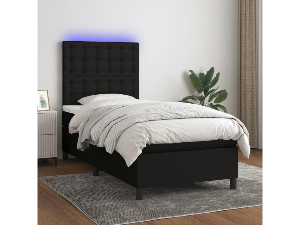 Upholstered bed base with mattress and LED lighting, black, 100x200 cm, fabric HKDO68528