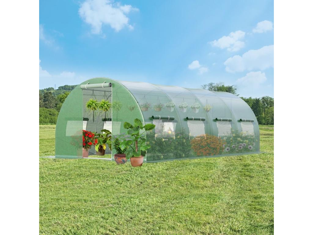 600x300x200 CM Tunnel Greenhouse, Sturdy Galvanized Steel Frame, Windproof Tunnel Greenhouse with Hoop, 8 Roll-Up Windows, 2 Zipped Doors