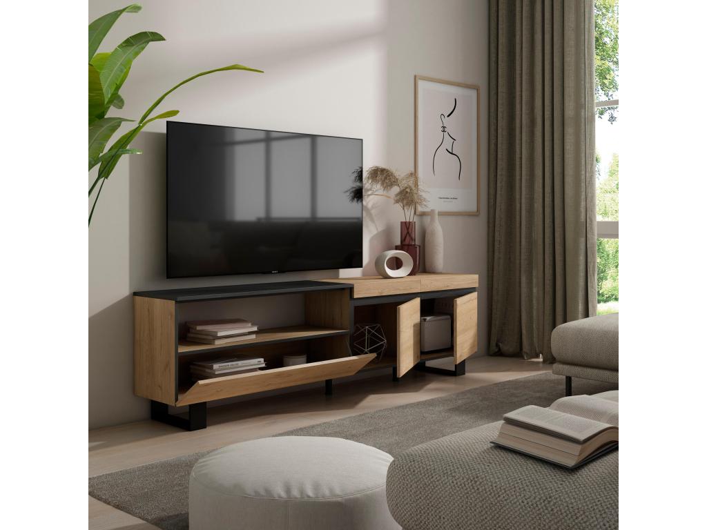 TV Stand/Bench 200x57x35cm For TVs up to 80" Industrial Design Oak and Black KYIL96109