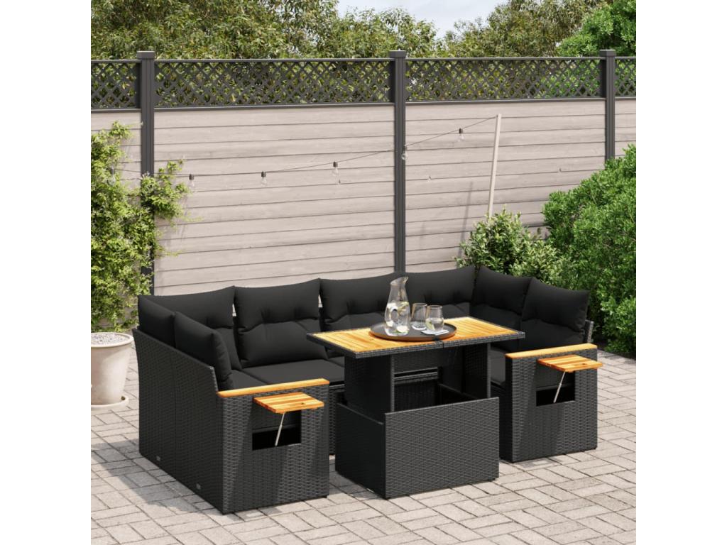 7-piece garden furniture set with cushions, black woven resin