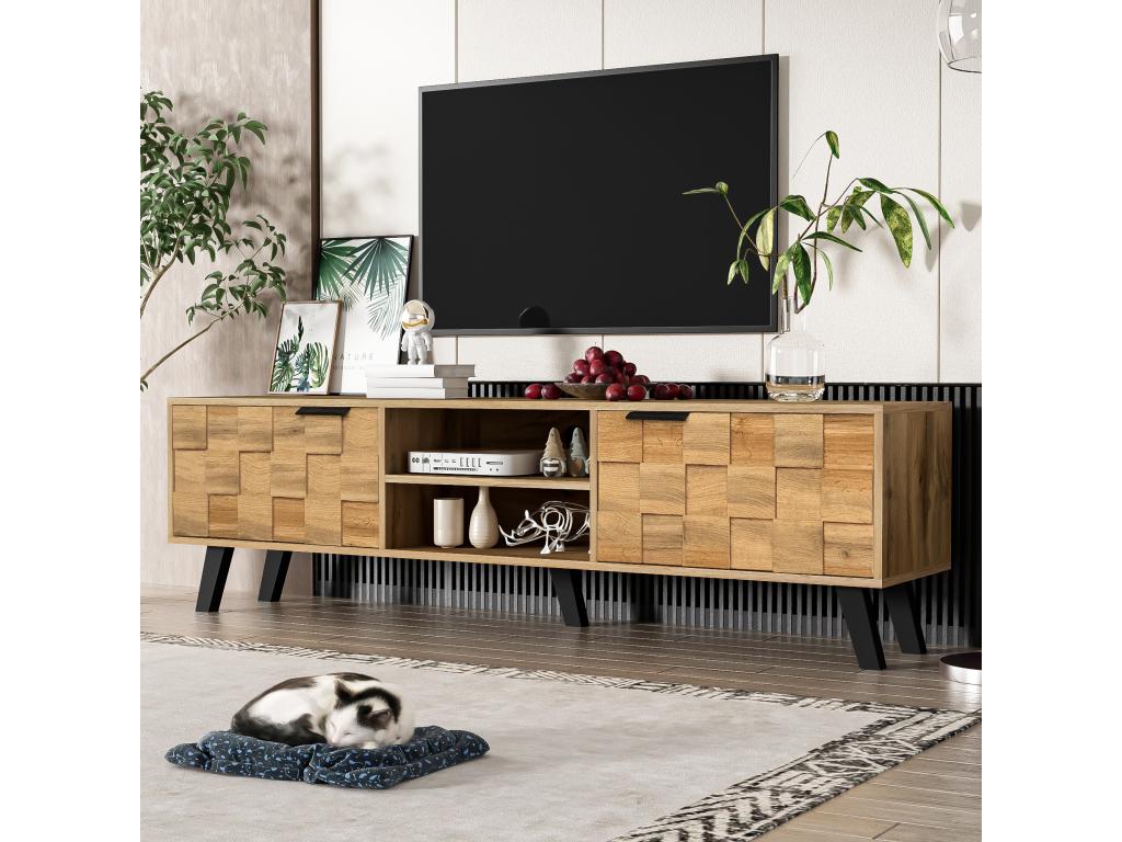 Modern TV stand with wood effect, 2 doors and 2 open compartments, 160x35x45cm, Dhaasti VUPE02356