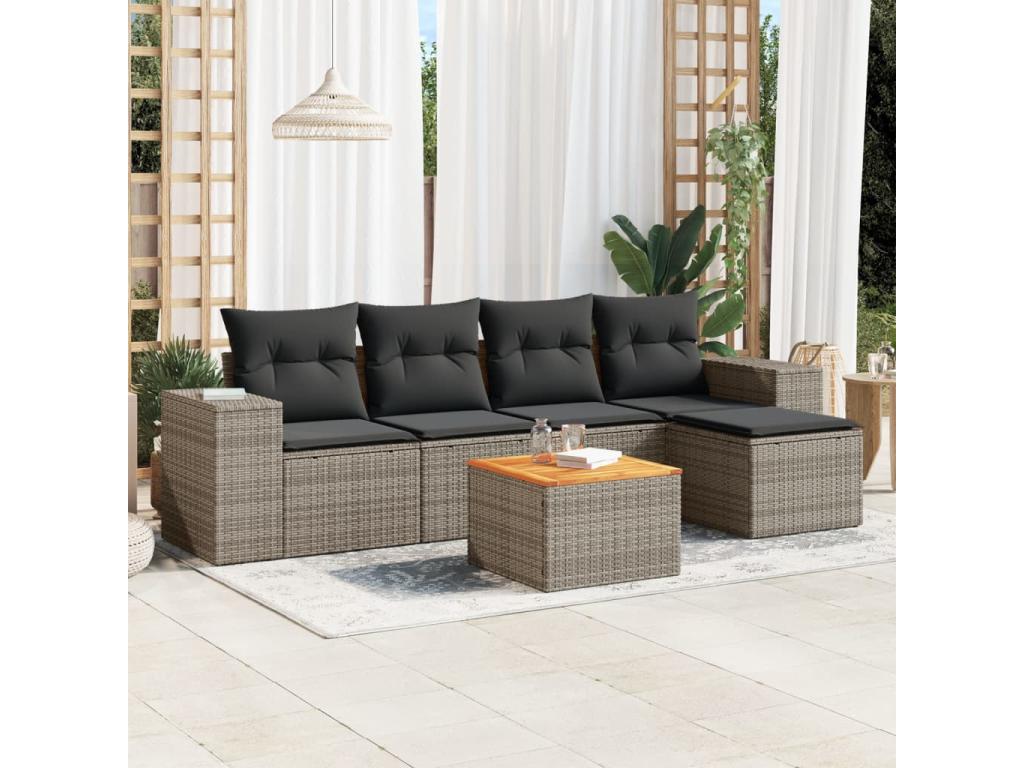 6-piece garden furniture set with grey resin wicker cushions