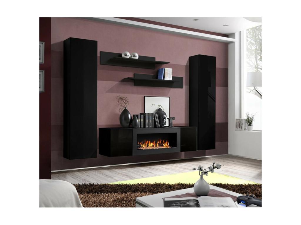 FLY M1 collection wall-mounted furniture set with decorative fireplace - Black. AXVQ60135
