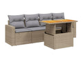 5-piece garden furniture set with cushions, beige woven resin