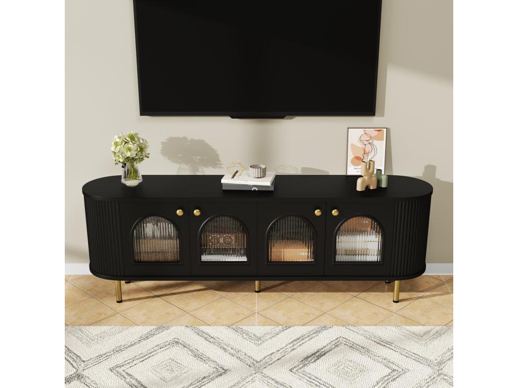 TV stand with 4 doors - 170x35x55 cm - LEDs - MDF and gold metal legs - Black LNZI69649