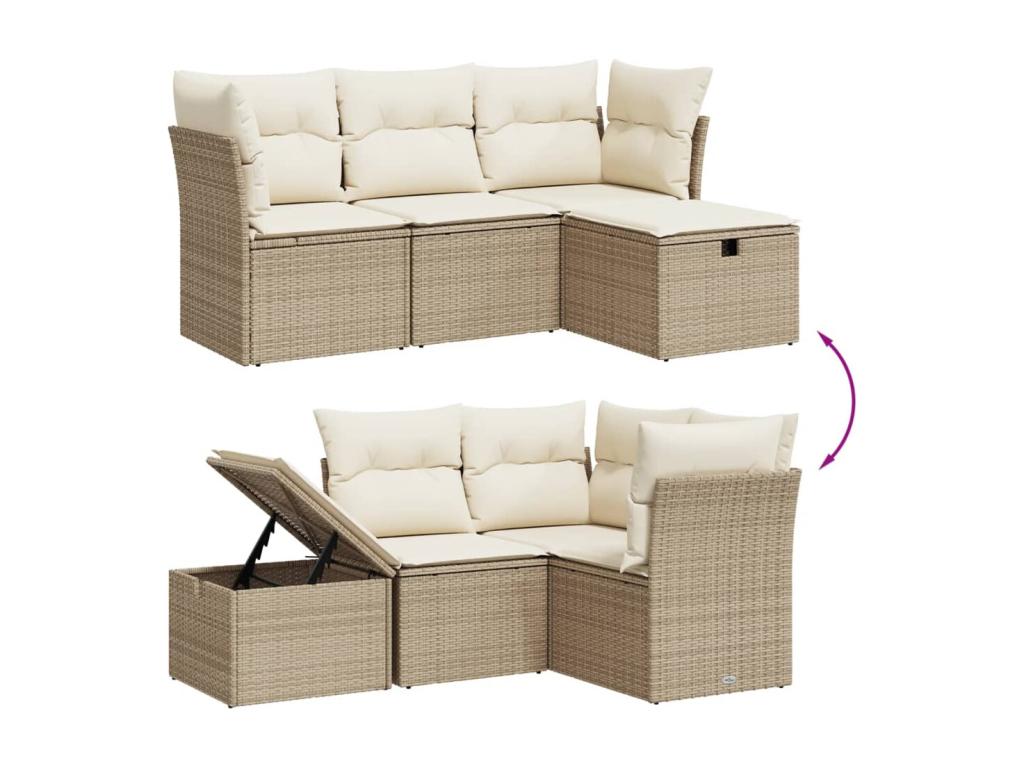 Garden furniture set with cushions, 4 pieces, beige woven resin