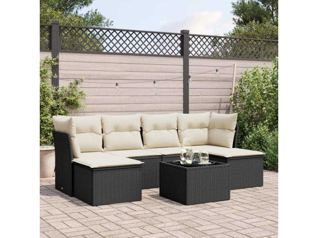 7-piece garden furniture set with cushions, black woven resin