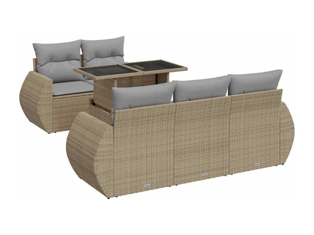 6-piece garden furniture set with cushions, beige woven resin