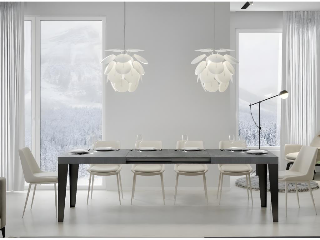 Extendable rectangular table for 6 to 12 people, L 160 to 264cm, concrete-effect grey with anthracite metal legs, Laviecasa KAWA44600