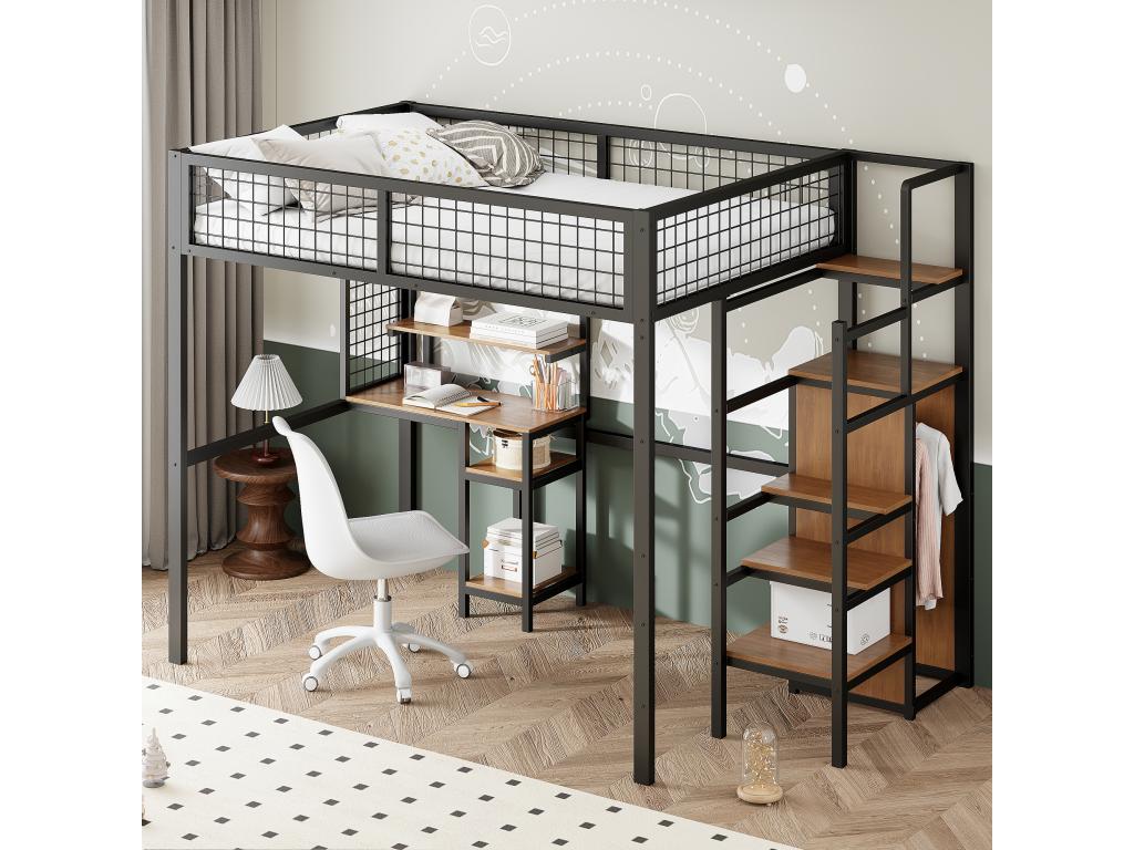Children's loft bed 140x200 cm with iron frame - with storage ladder, wardrobe and desk - Black ZQMZ44905