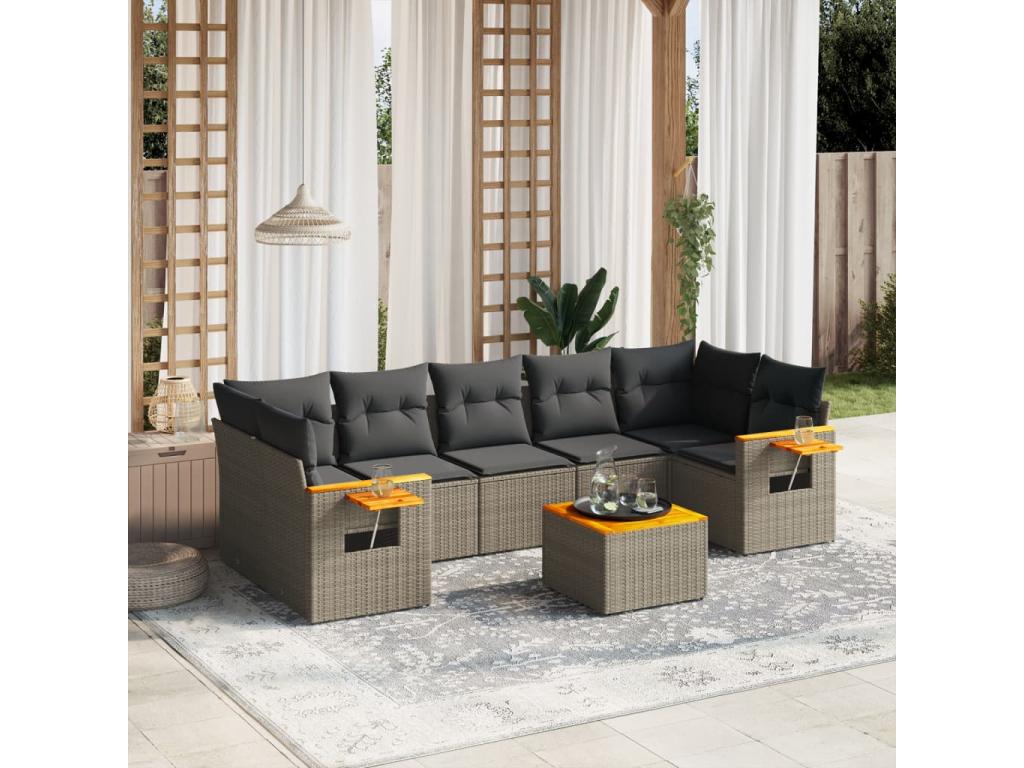 8-piece garden furniture set with grey resin wicker cushions