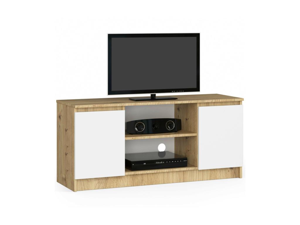 Meubiana Oak TV stand for living room, 120 cm, 2 doors, white front, 2 shelves, 120x40x55 cm
