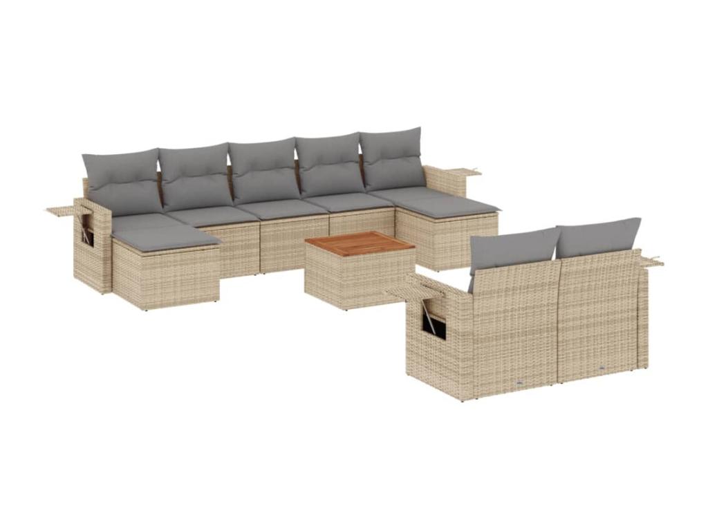 10-piece garden furniture set and cushions, méLaviecasa beige woven resin ZVPB20720