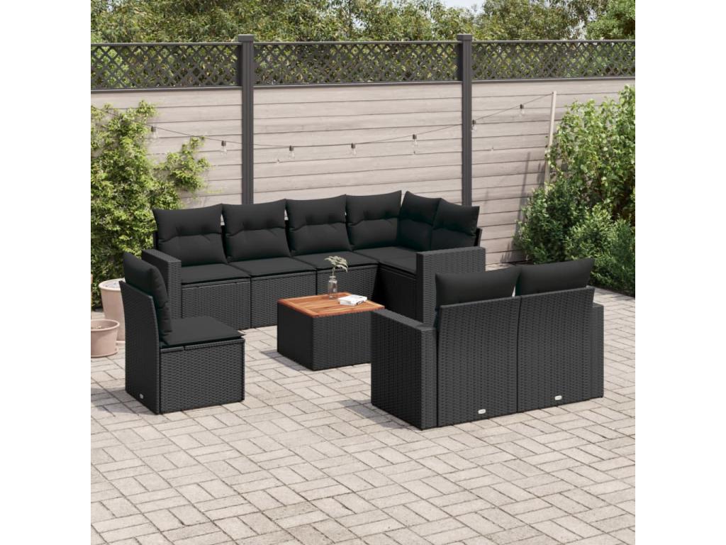 9-piece garden furniture set with cushions, black woven resin VRPK78980