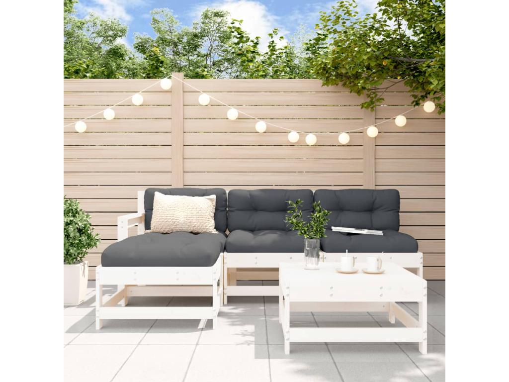 5-piece garden furniture set with cushions, white, solid wood